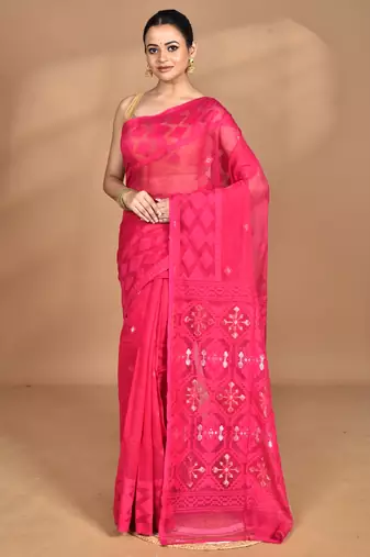 Pink Cotton Dhakai Jamdani Handloom Saree With Blouse