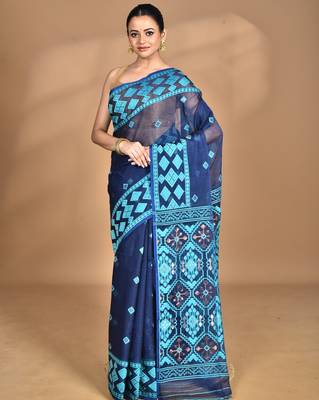 blue Cotton Dhakai Jamdani Handloom Saree With Blouse 1