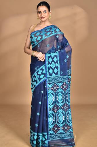 blue Cotton Dhakai Jamdani Handloom Saree With Blouse