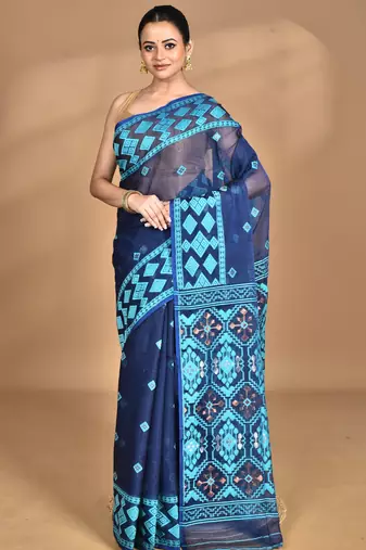 blue Cotton Dhakai Jamdani Handloom Saree With Blouse