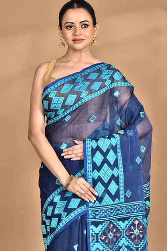 blue Cotton Dhakai Jamdani Handloom Saree With Blouse