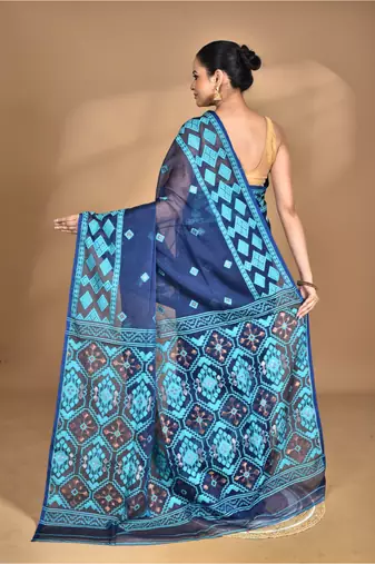 blue Cotton Dhakai Jamdani Handloom Saree With Blouse