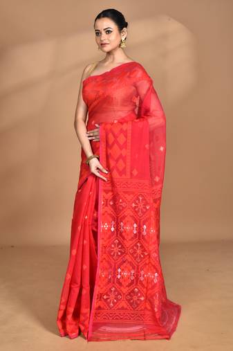 red Cotton Dhakai Jamdani Handloom Saree With Blouse