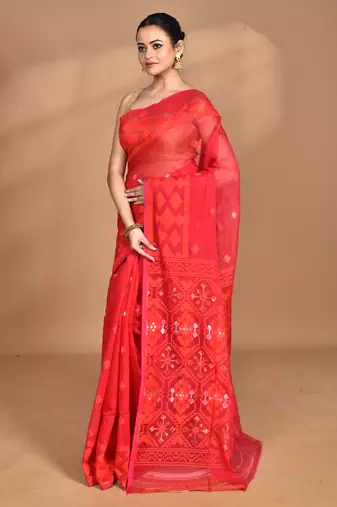 red Cotton Dhakai Jamdani Handloom Saree With Blouse