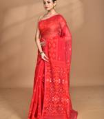 red Cotton Dhakai Jamdani Handloom Saree With Blouse