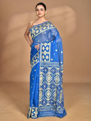 blue Cotton Dhakai Jamdani Handloom Saree With Blouse 1