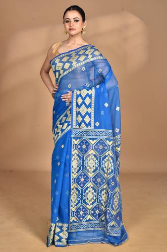 blue Cotton Dhakai Jamdani Handloom Saree With Blouse