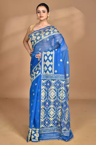 blue Cotton Dhakai Jamdani Handloom Saree With Blouse