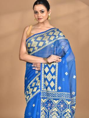blue Cotton Dhakai Jamdani Handloom Saree With Blouse 2