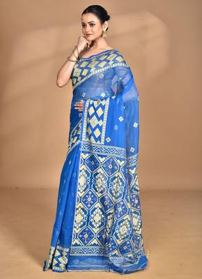 blue Cotton Dhakai Jamdani Handloom Saree With Blouse 3