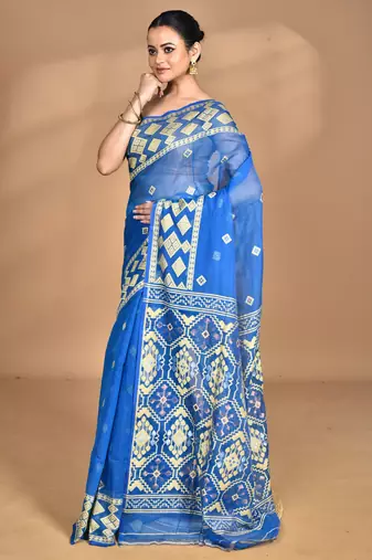 blue Cotton Dhakai Jamdani Handloom Saree With Blouse