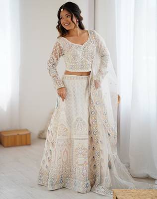 White Butterfly Net Multi Thread Embroidery Sequins Work Lehenga choli 1
