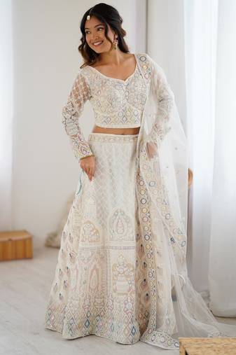 White Butterfly Net Multi Thread Embroidery Sequins Work Lehenga choli