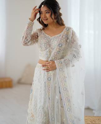 White Butterfly Net Multi Thread Embroidery Sequins Work Lehenga choli 2