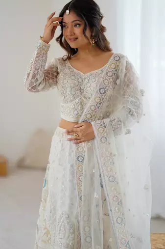 White Butterfly Net Multi Thread Embroidery Sequins Work Lehenga choli