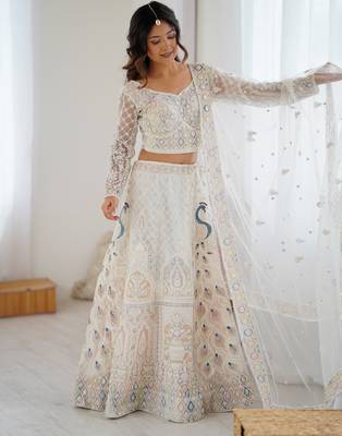 White Butterfly Net Multi Thread Embroidery Sequins Work Lehenga choli 3