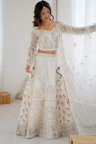 White Butterfly Net Multi Thread Embroidery Sequins Work Lehenga choli