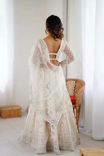 White Butterfly Net Multi Thread Embroidery Sequins Work Lehenga choli