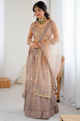 Beige Butterfly Net Embroidery And Sequins Work Lehenga choli