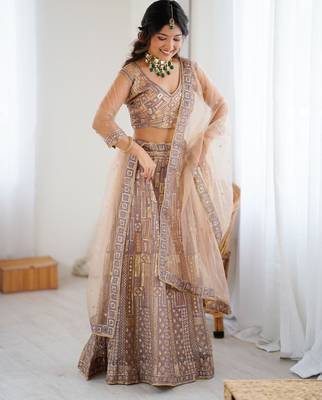 Beige Butterfly Net Embroidery And Sequins Work Lehenga choli 3