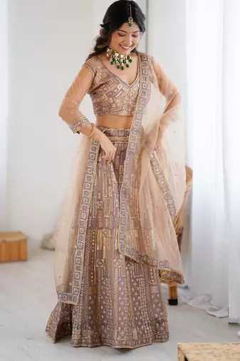 Beige Butterfly Net Embroidery And Sequins Work Lehenga choli