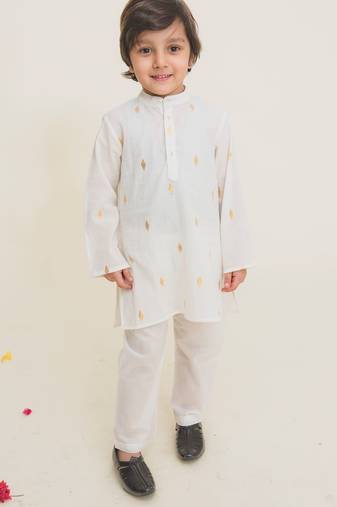 White embroidered cotton kurta pyjama