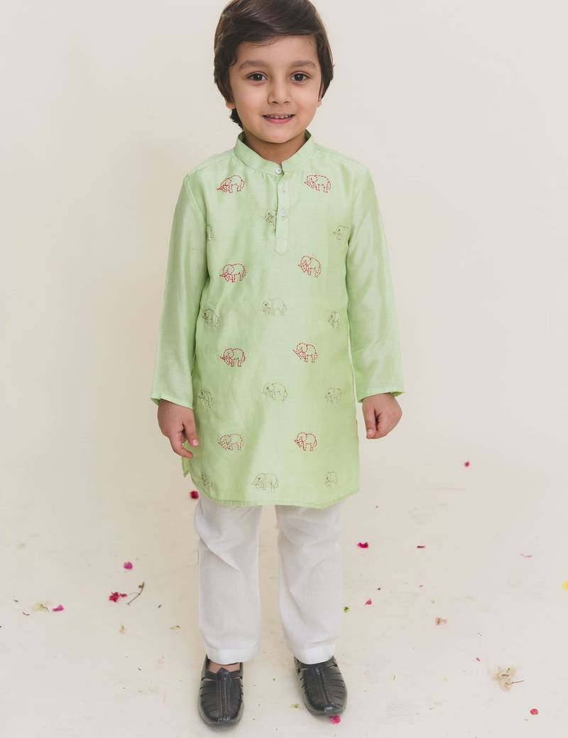 Green printed cotton kurta pyjama