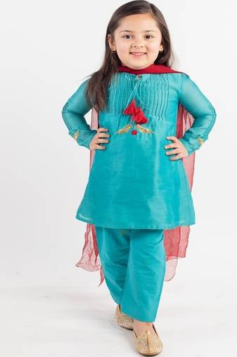 Teal plain cotton kurta set