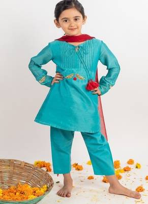 Teal plain cotton kurta set 2