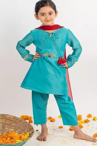 Teal plain cotton kurta set