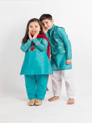 Teal plain cotton kurta set 4