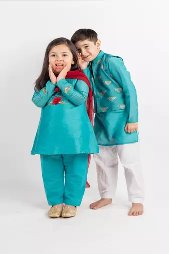 Teal plain cotton kurta set