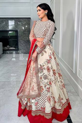 Cream Georgette Digital print Embroidered Lehenga choli