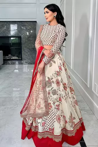 Cream Georgette Digital print Embroidered Lehenga choli