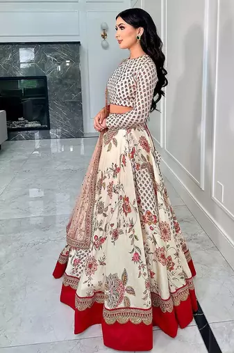 Cream Georgette Digital print Embroidered Lehenga choli