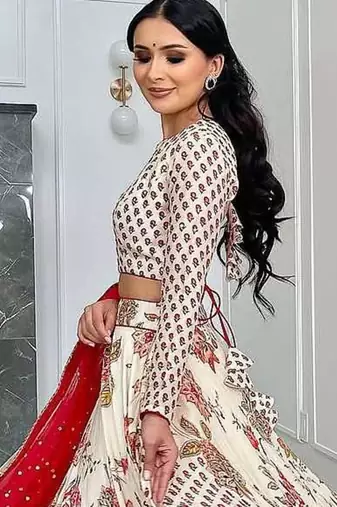 Cream Georgette Digital print Embroidered Lehenga choli