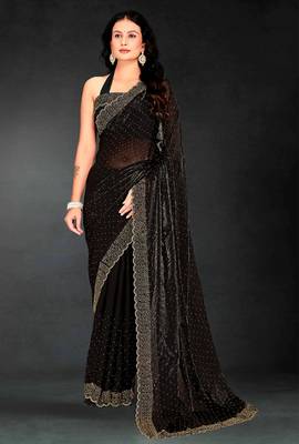 Black sequin embroidered work two tone silk saree sari 1