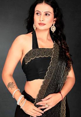 Black sequin embroidered work two tone silk saree sari 4