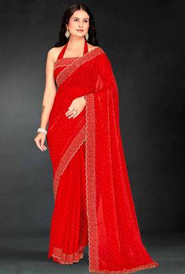 Red sequin embroidered work two tone silk saree sari 1