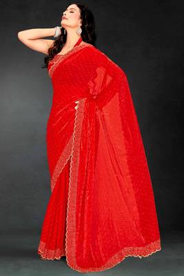 Red sequin embroidered work two tone silk saree sari 2