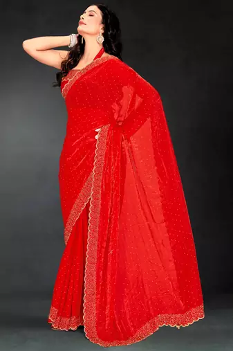 Red sequin embroidered work two tone silk saree sari