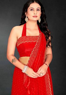 Red sequin embroidered work two tone silk saree sari 4