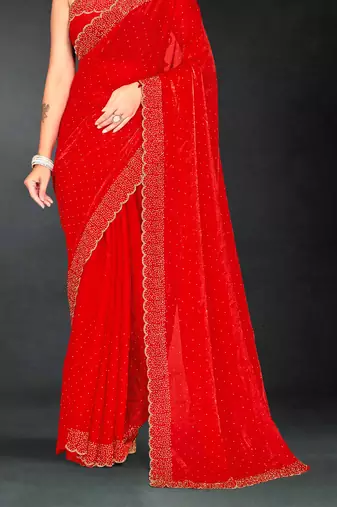 Red sequin embroidered work two tone silk saree sari