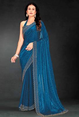 Teal blue sequin embroidered work two tone silk saree sari 1