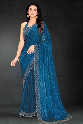 Teal blue sequin embroidered work two tone silk saree sari