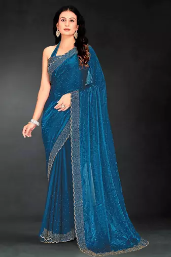 Teal blue sequin embroidered work two tone silk saree sari