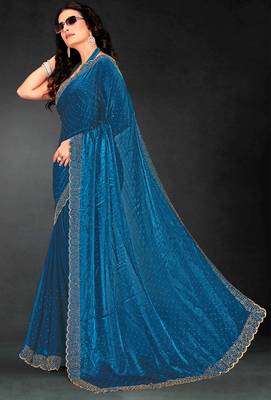 Teal blue sequin embroidered work two tone silk saree sari 2