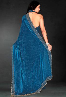 Teal blue sequin embroidered work two tone silk saree sari 3