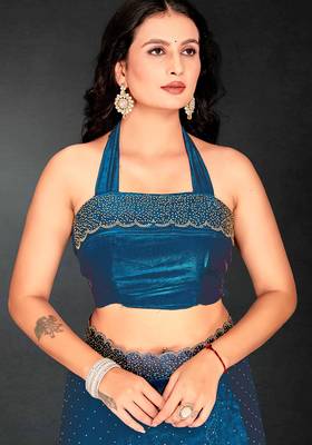 Teal blue sequin embroidered work two tone silk saree sari 4