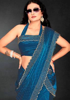 Teal blue sequin embroidered work two tone silk saree sari 5